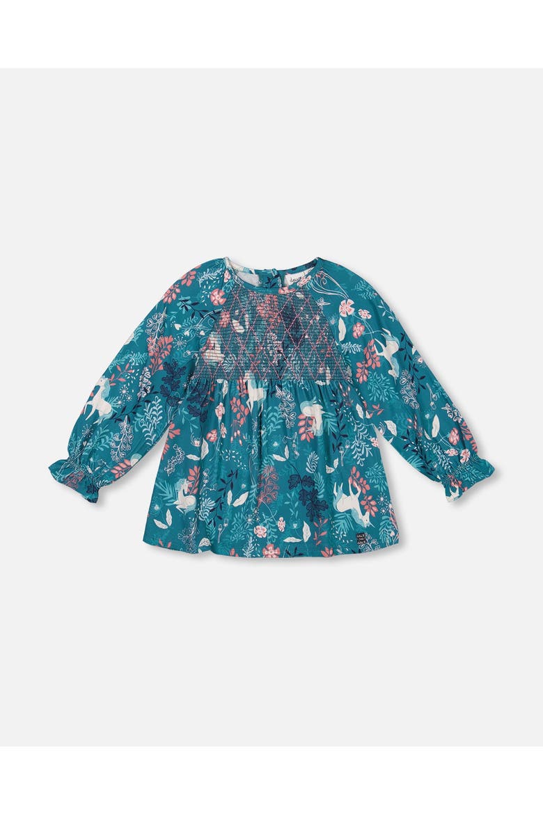 Girl's Long Sleeve Viscose Blouse Turquoise Printed Fairy Unicorn, Main, color, Unicorn In The Fields