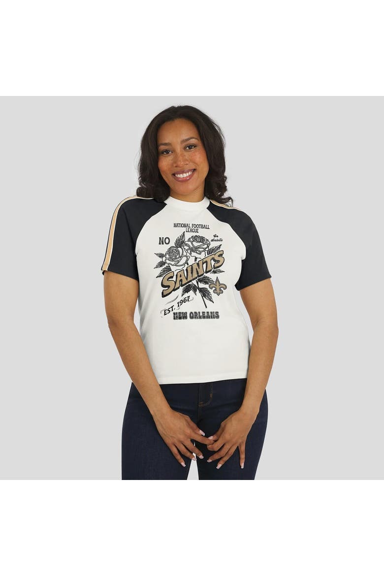 Women's WEAR by Erin Andrews White New Orleans Saints Sleeve Stripe Distressed Raglan T-Shirt, Alternate, color, White