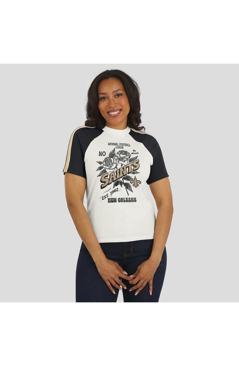 WEAR by Erin Andrews Women's WEAR by Erin Andrews White New Orleans Saints Sleeve Stripe Distressed Raglan T-Shirt, Alternate, color, White