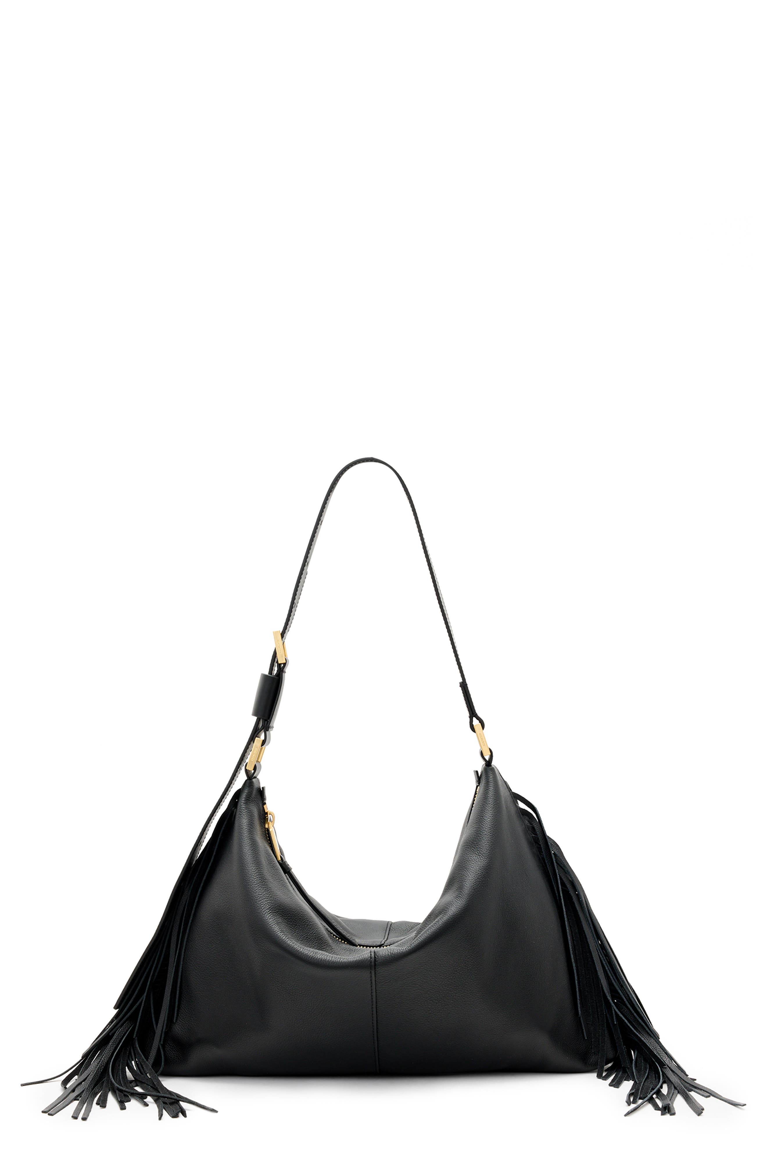 AllSaints Edbury Fringe Leather Hobo Bag, Main, color, 