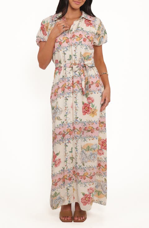 James Print Tie Waist Maxi Shirtdress