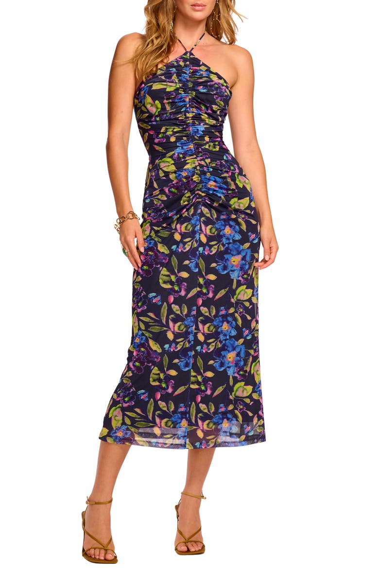 Aveline Floral Halter Mesh Dress, Main, color, NAVY FLORAL MESH