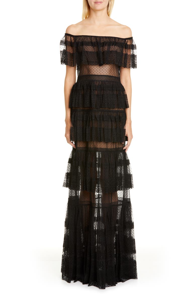 Off the Shoulder Tiered Gown, Main, color, BLACK