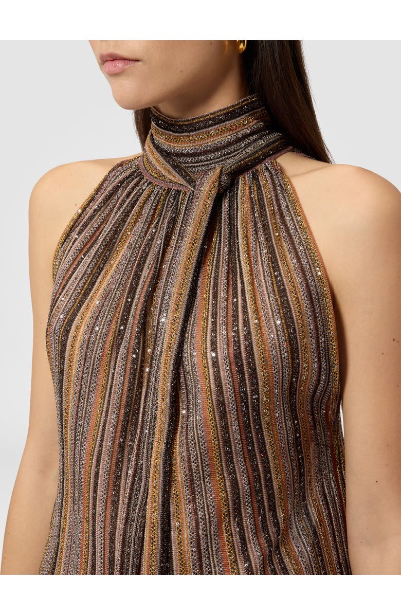 Missoni Sleeveless Top In Ribbed Viscose Lamé With Scarf Collar, Alternate, color, Green& Brown