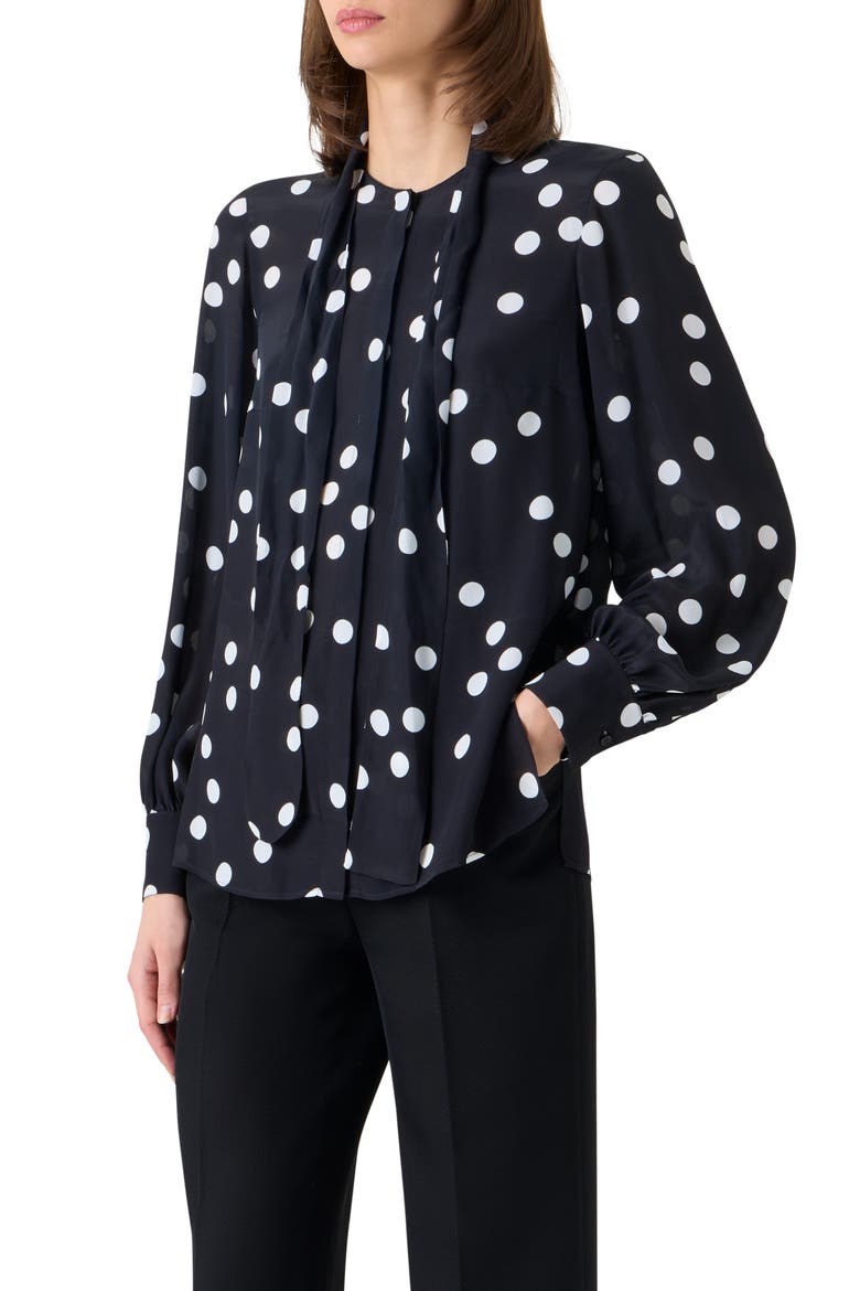 Polka Dot Silk Georgette Tie Neck Top, Alternate, color, BLACK-CREAM
