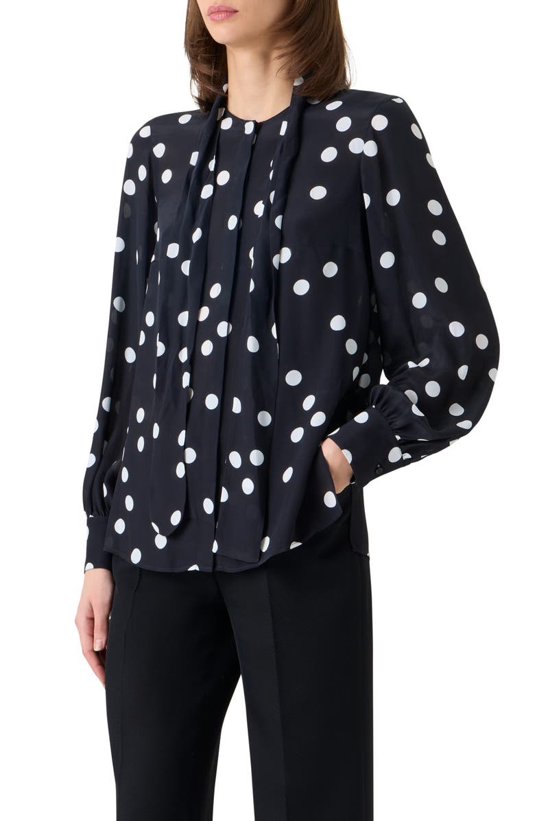 Akris punto Polka Dot Silk Georgette Tie Neck Top, Alternate, color, Black-Cream