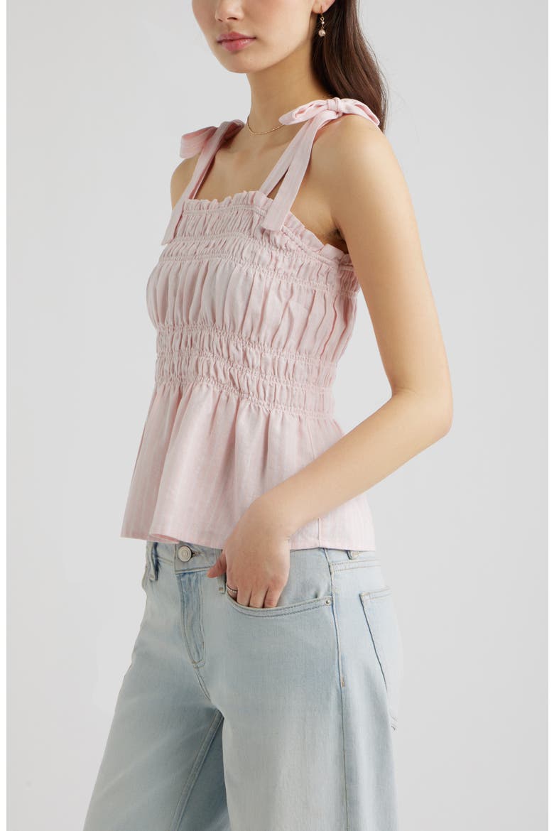 Gingham Shirred Linen Blend Top, Alternate, color, PINK- WHITE NIA STRIPE