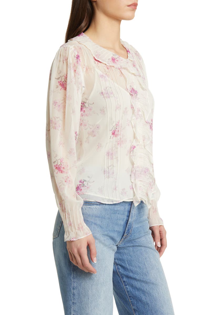 LoveShackFancy Rizzo Floral Print Ruffle Silk Shirt, Alternate, color, 