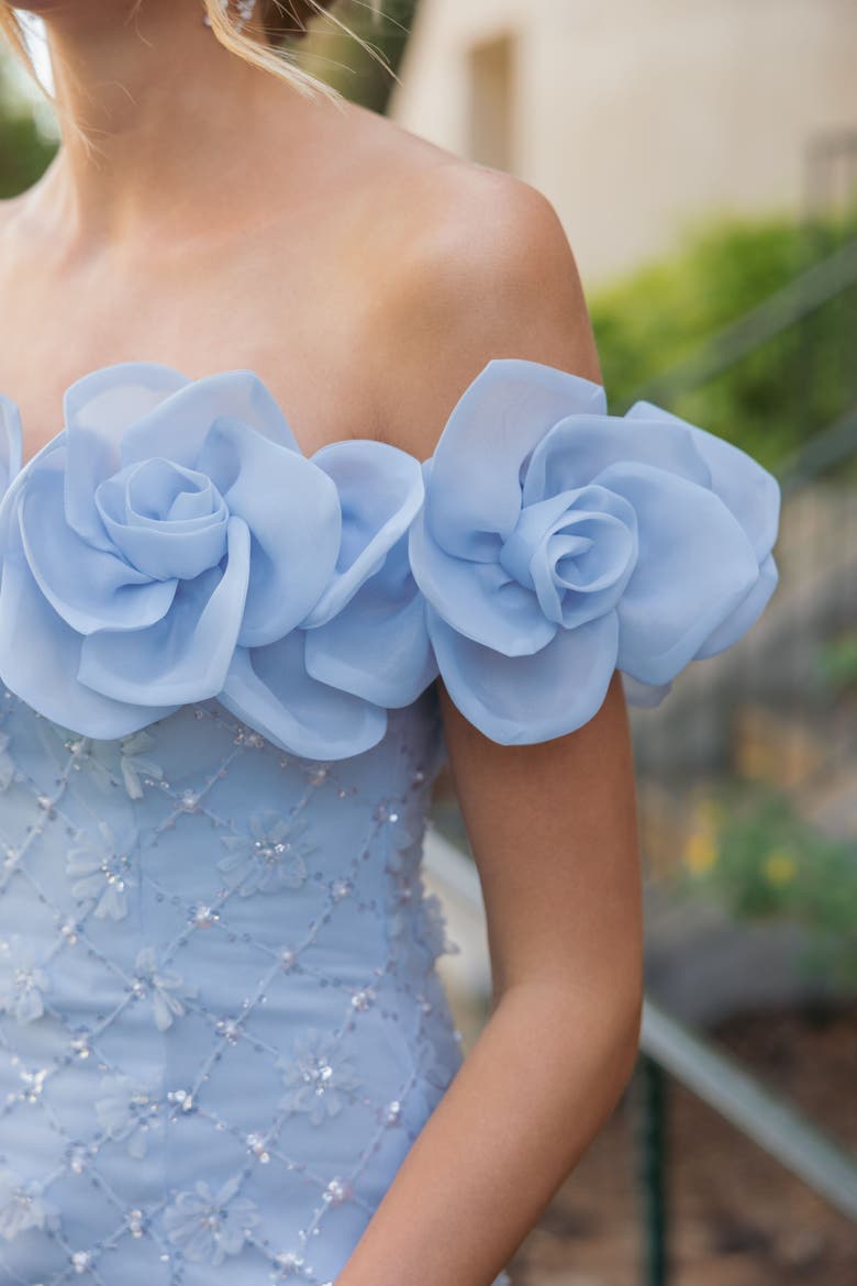 Off The Shoulder Embellished Dress With 3D Flower Detail, Alternate, color, Powder Blue