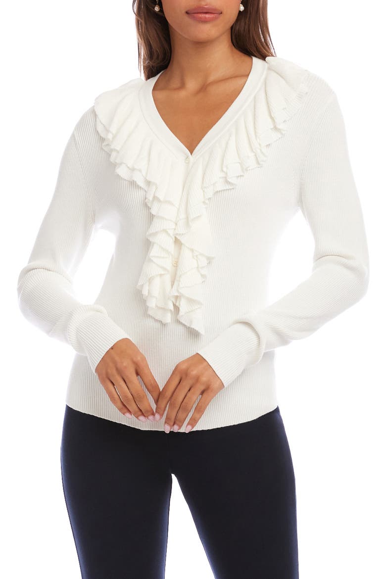 Ruffle V-Neck Sweater, Main, color, OFF WHITE