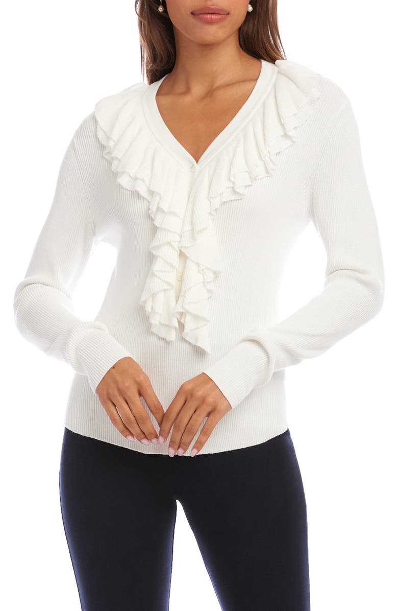 Karen Kane Ruffle V-Neck Sweater, Main, color, Off White