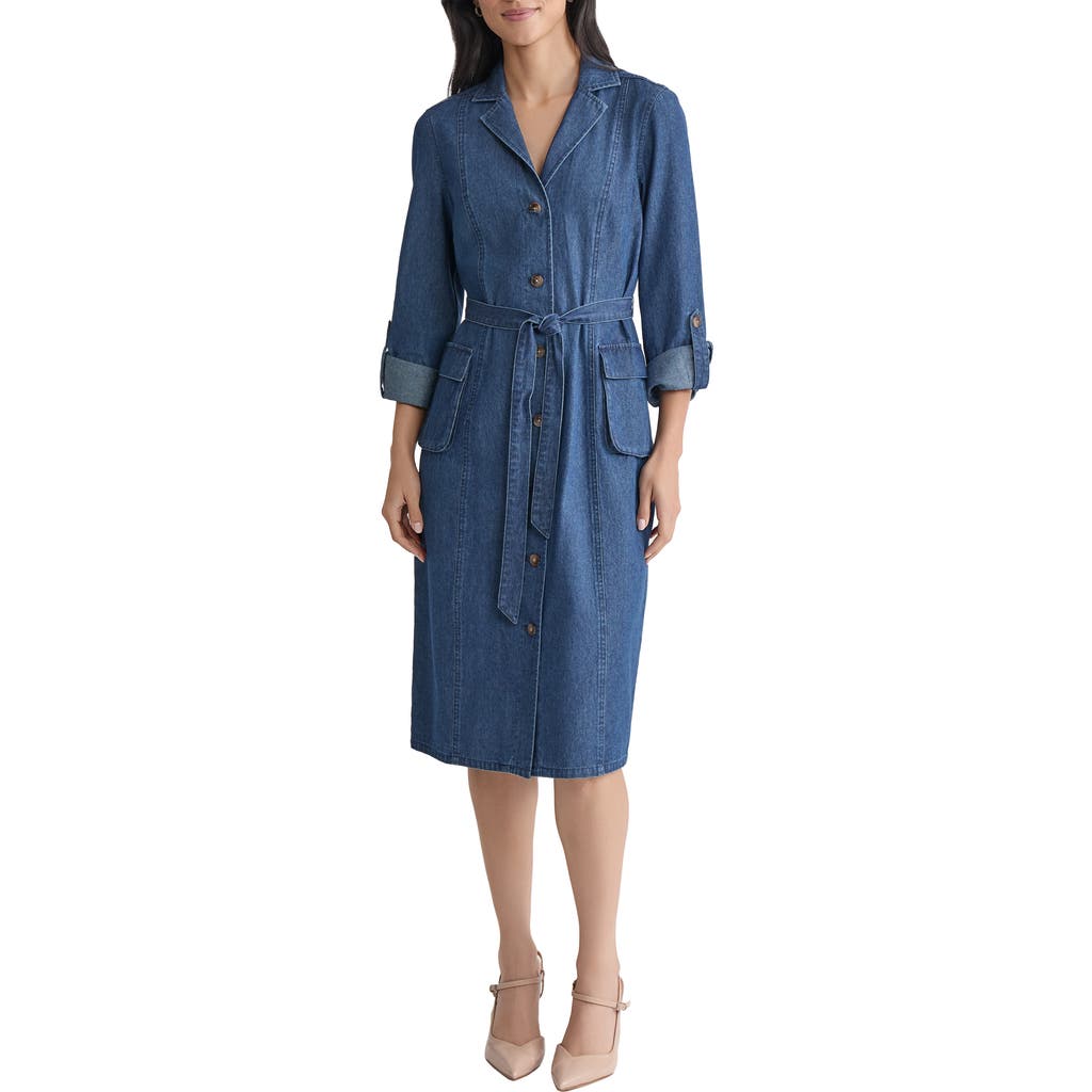 Jones New York Long Sleeve Cotton Denim Midi Shirtdress In Blue