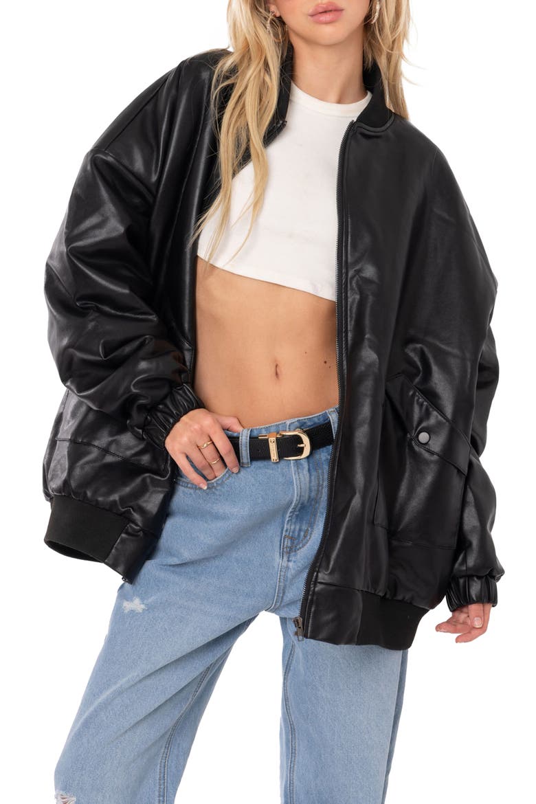 Oversize Faux Leather Bomber Jacket, Main, color, BLACK