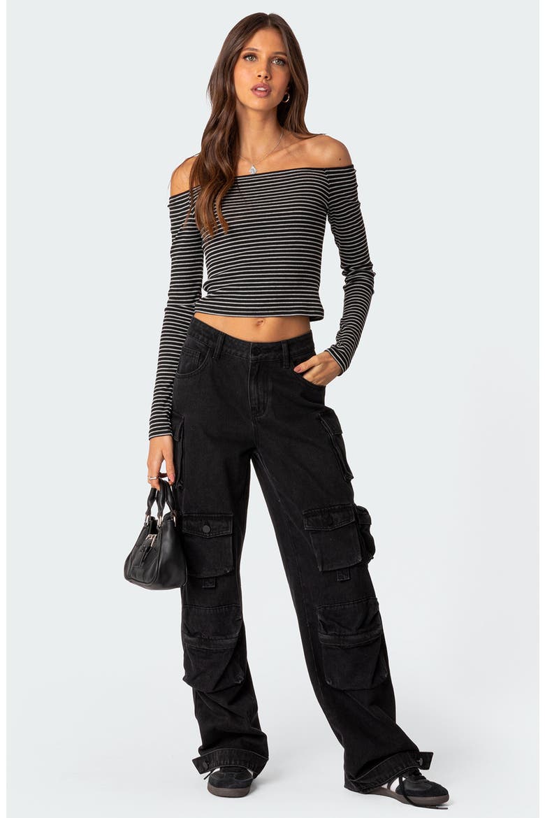 Canary Stripe Off the Shoulder Rib Crop Top, Alternate, color, BLACK