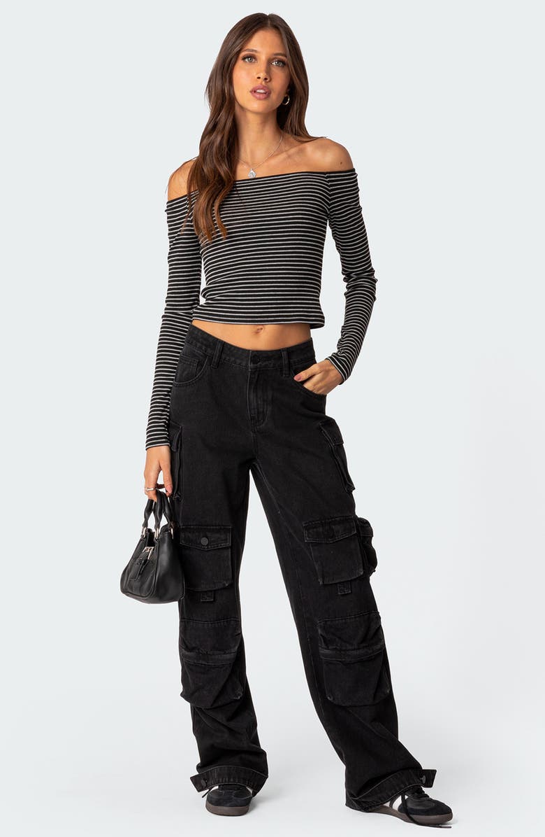 EDIKTED Canary Stripe Off the Shoulder Rib Crop Top, Alternate, color, Black