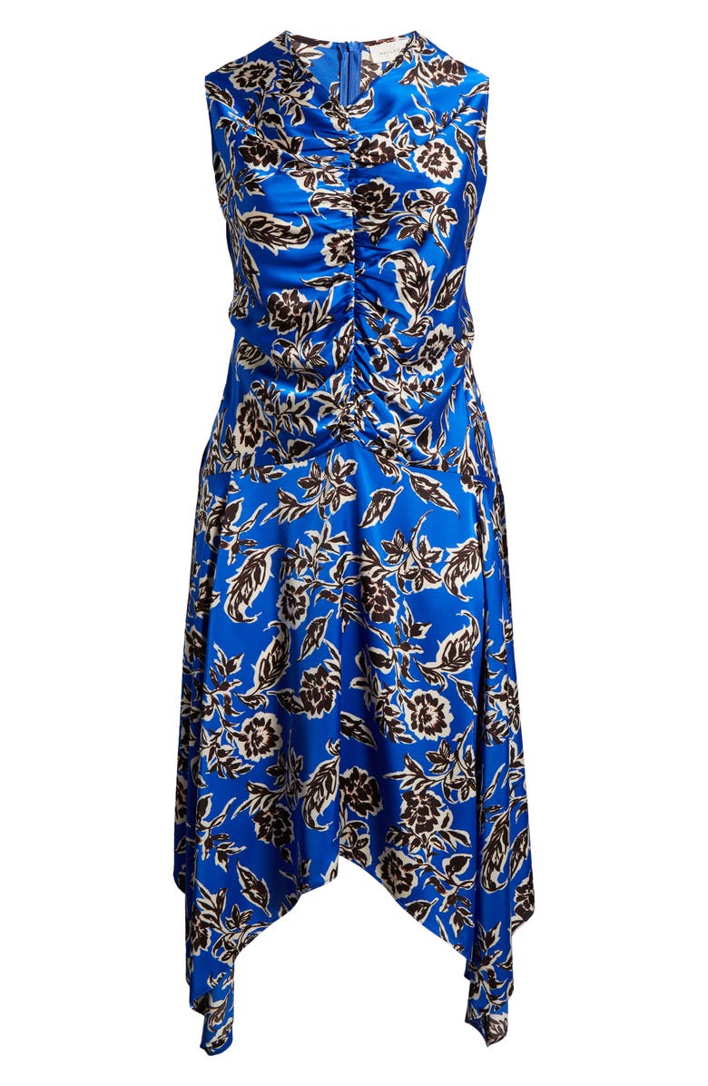 MELLODAY Floral Print Ruched Handkerchief Hem Dress, Alternate, color, Blue Brown Multi Floral