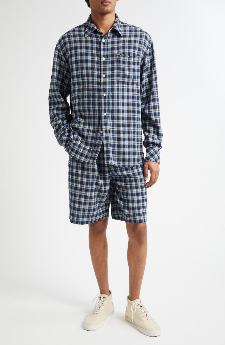 The Elder Statesman Dune Plaid Fringe Cotton Drawstring Beach Shorts, Alternate, color, Navy