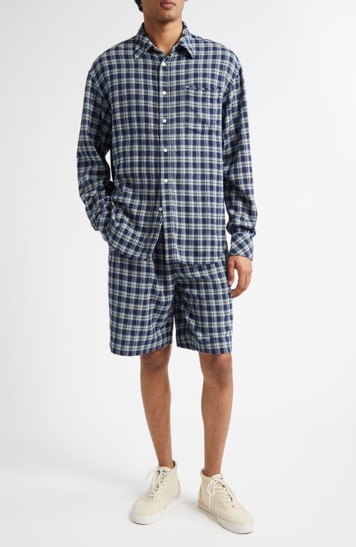 The Elder Statesman Dune Plaid Fringe Cotton Drawstring Beach Shorts In Blue
