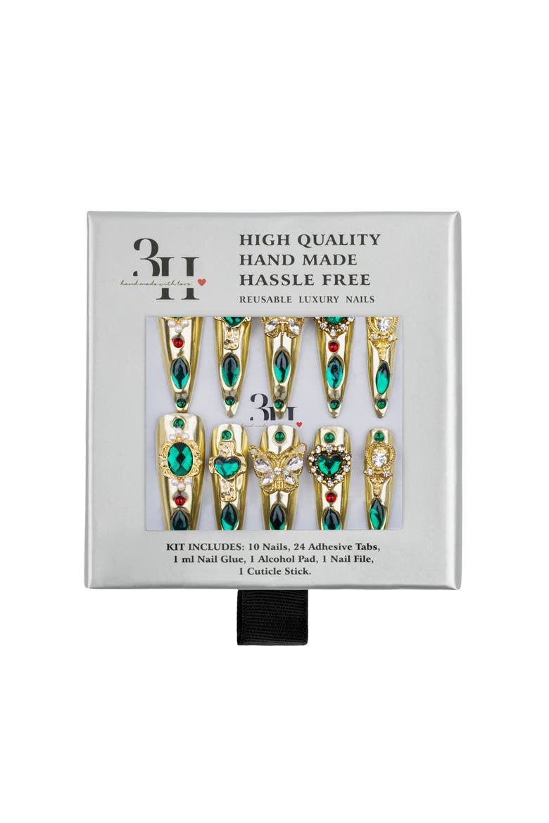 Emerald Empress Luxury Handmade Press On Nails, Main, color, Gold