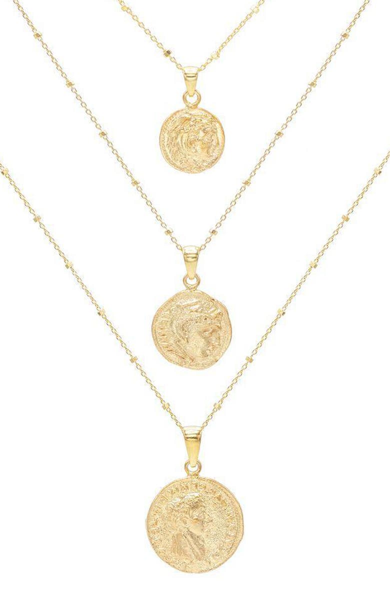 Adina's Jewels Set of 3 Coin Pendant Necklaces, Main, color,
