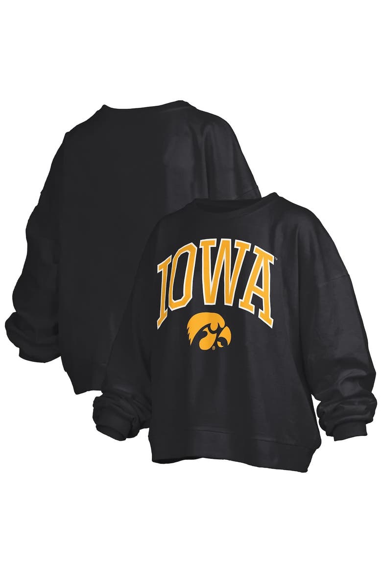 Women's Pressbox Black Iowa Hawkeyes Janise Arch Over Logo Waist Length Oversized Pullover Sweatshirt, Alternate, color, Black