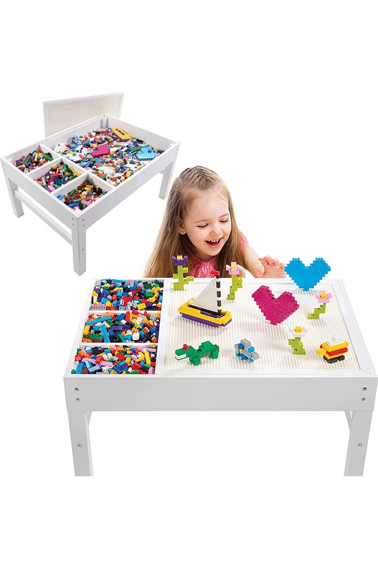 Brick Construction Play Table w 4 Storage Compartments & 1000 Rainbow Bricks, Main, color, None