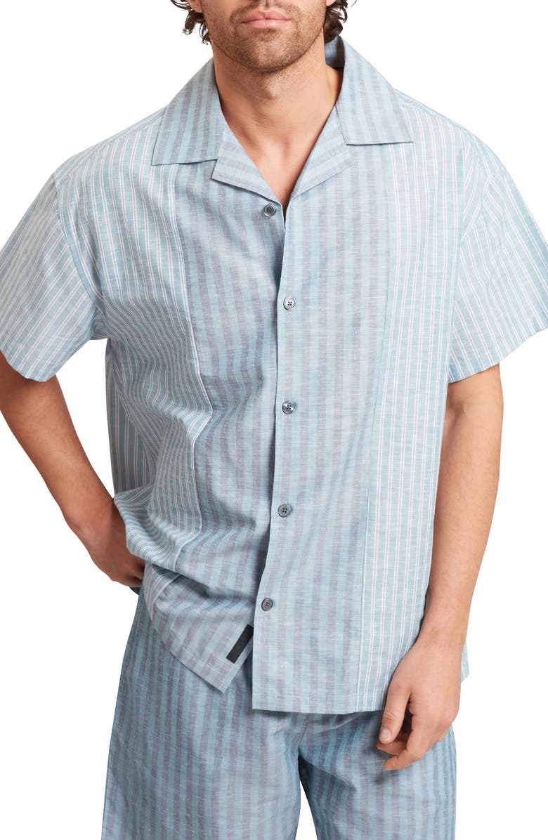 Ted Baker Alverez Short Sleeve Cotton & Linen Button-Up Shirt, Main, color, Teal-Blue