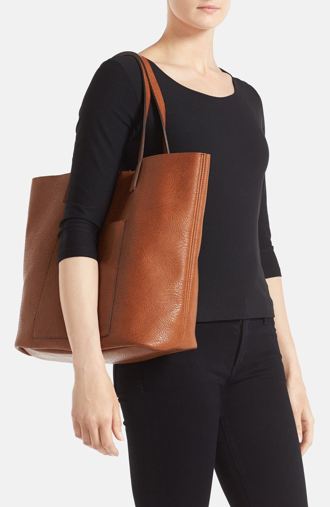 Faux Leather Pocket Tote, Alternate, color, COGNAC