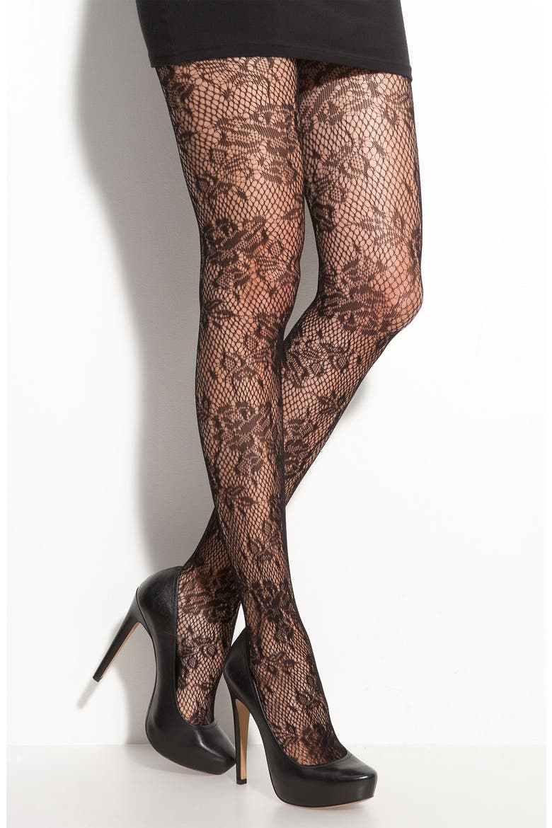 'Rose Floral' Fishnet Stockings, Main, color, BLACK
