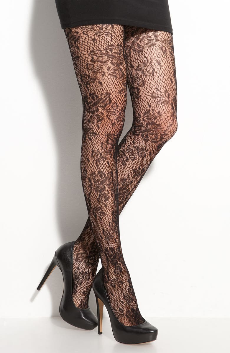 Hue 'Rose Floral' Fishnet Stockings, Main, color,