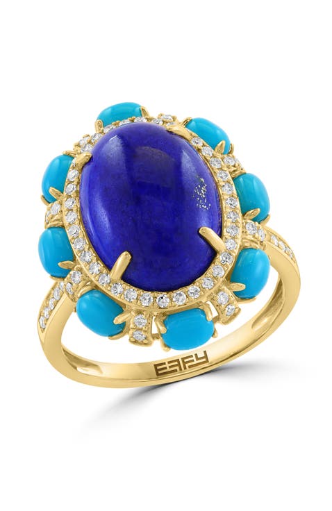 14K Yellow Gold Diamond Lapis Lazuli Turquoise Vintage Floral Ring
