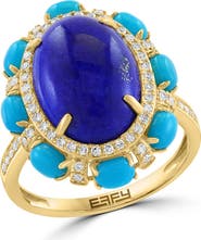 EFFY 14K Yellow Gold Diamond Lapis Lazuli Turquoise Vintage Floral Ring