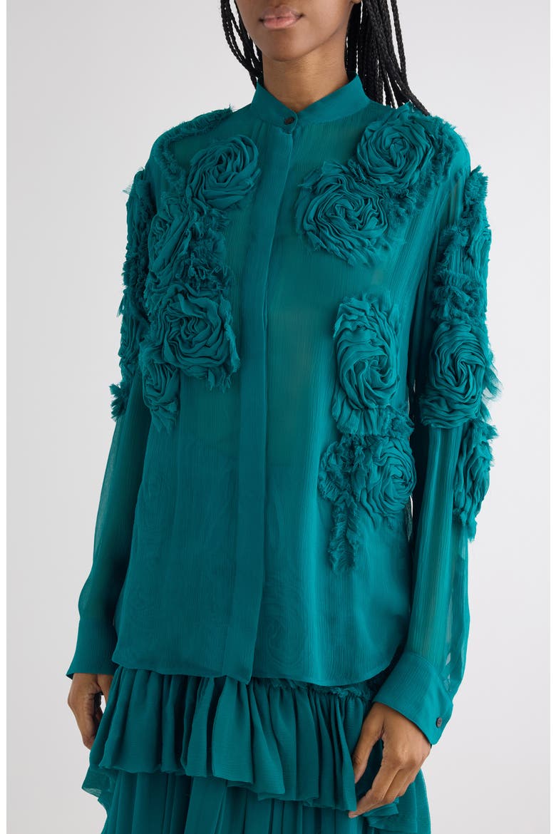 Chowsa Flower Appliqué Button-Up Shirt, Alternate, color, PETROL