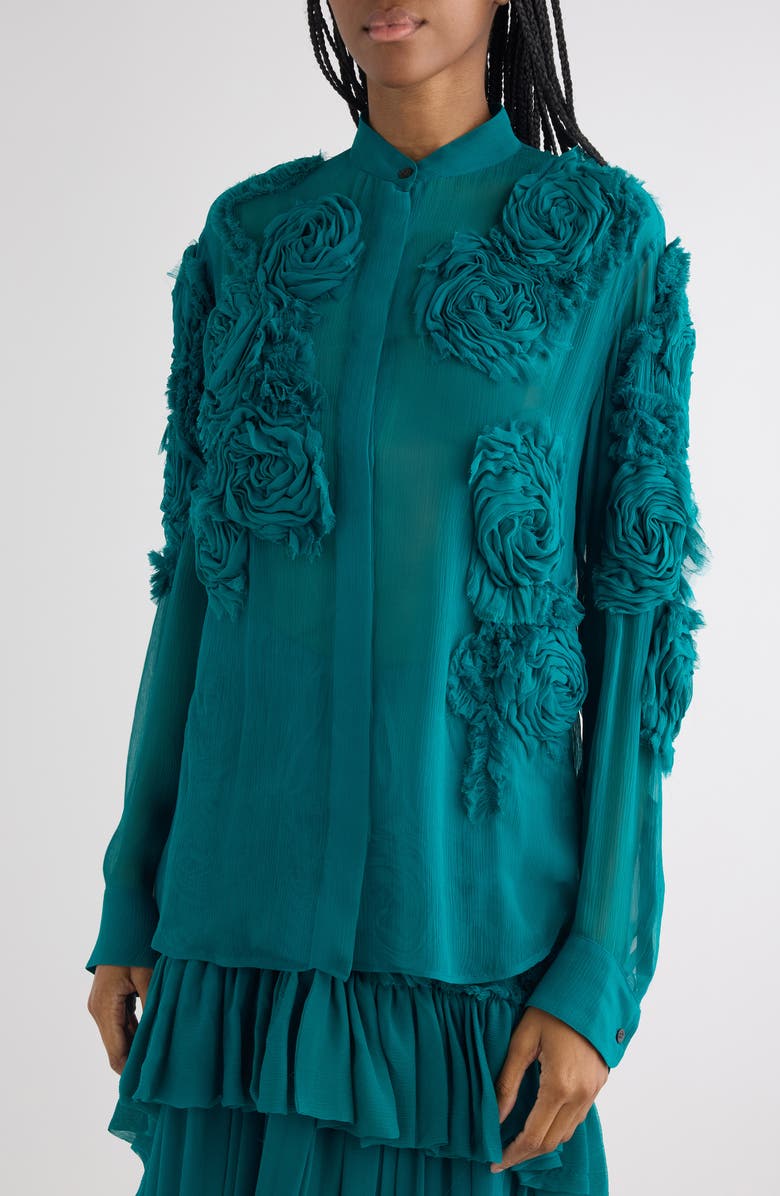 Dries Van Noten Chowsa Flower Appliqué Button-Up Shirt, Alternate, color, Petrol