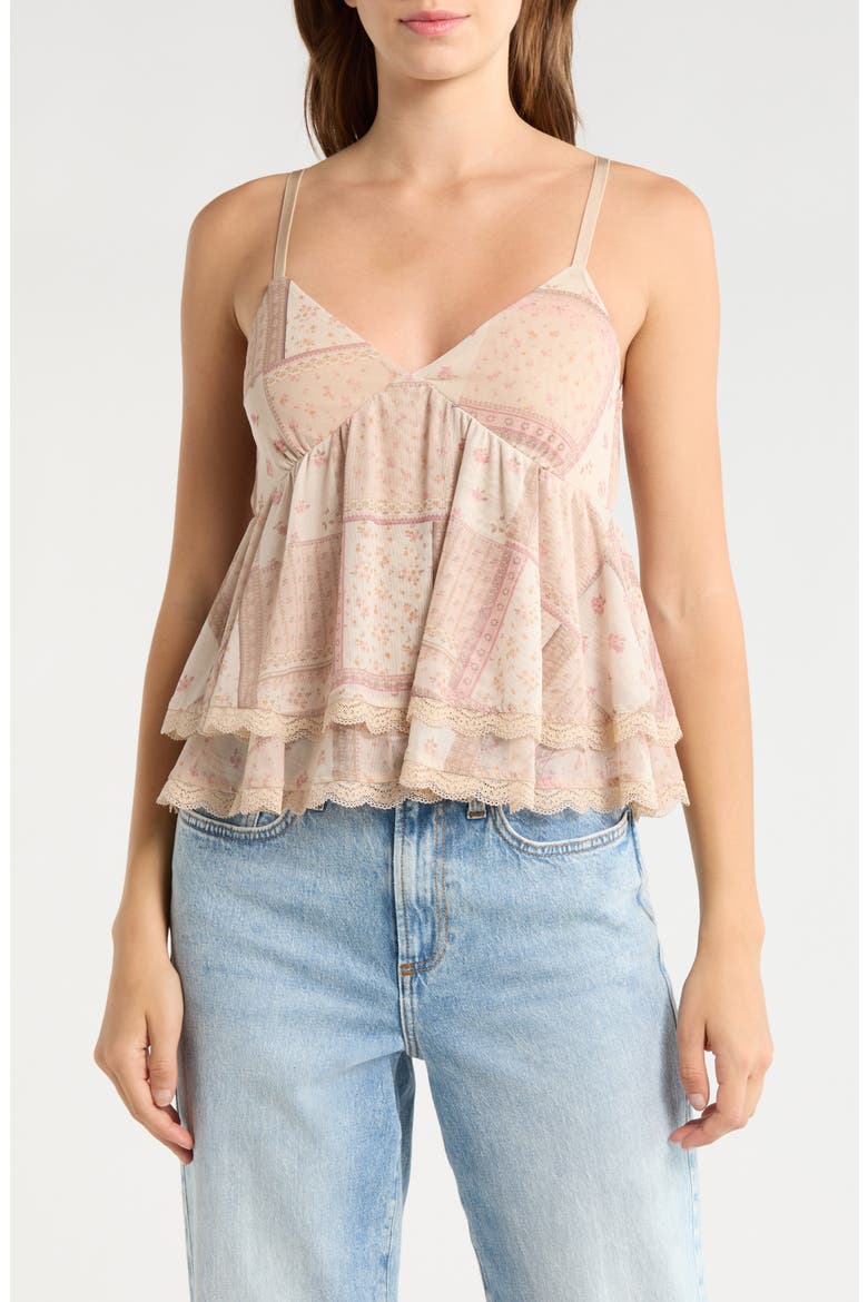 Lace Trim Tiered Babydoll Camisole, Main, color, TAN COMBO