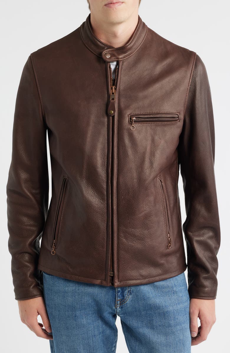 Schott NYC Café Racer Oil Tanned Leather Moto Jacket, Alternate, color, Dark Brown