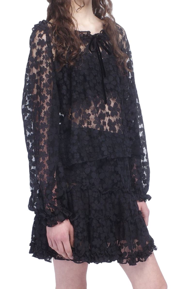 Anna Sui Shadow Blossom Tulle Elastic Lace Blouse, Alternate, color, Black