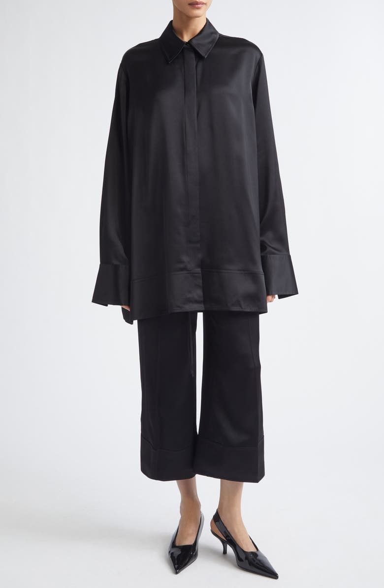 TOTEME Satin Drawstring Wide Leg Pants, Alternate, color, Black