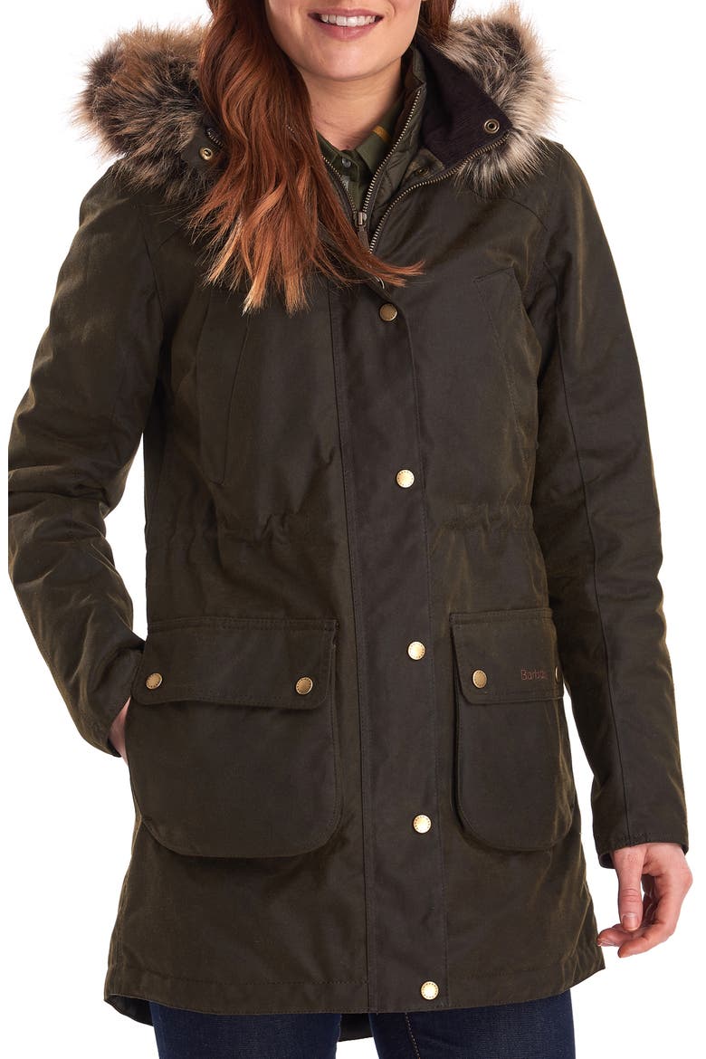 Thrunton Waxed Cotton Jacket with Faux Fur Trim, Main, color, OLIVE/ CLASSIC