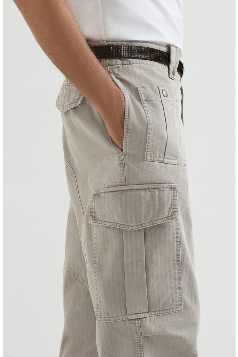 Garment-dyed multipocket cargo trousers in cotton chevron with zippers, Alternate, color, Grey
