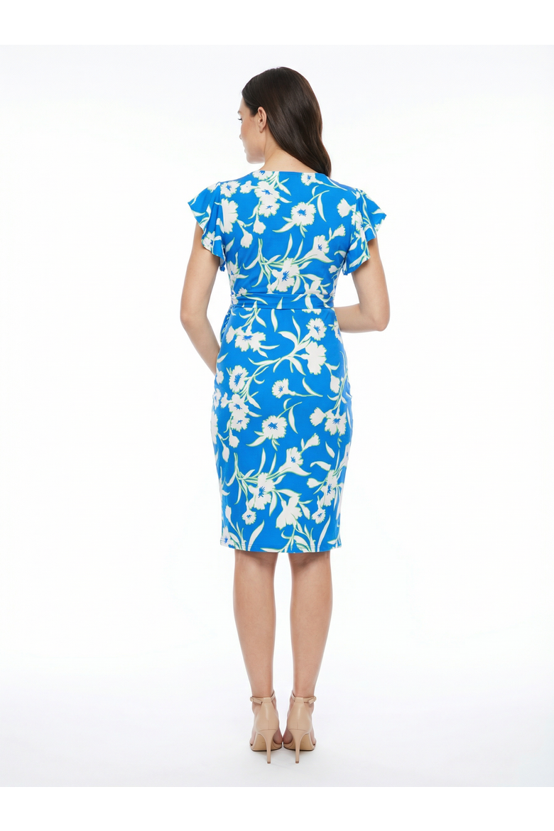 Maternity Floral Flutter Sleeve Faux Wrap Knee Length Dress, Alternate, color, Blue Multi