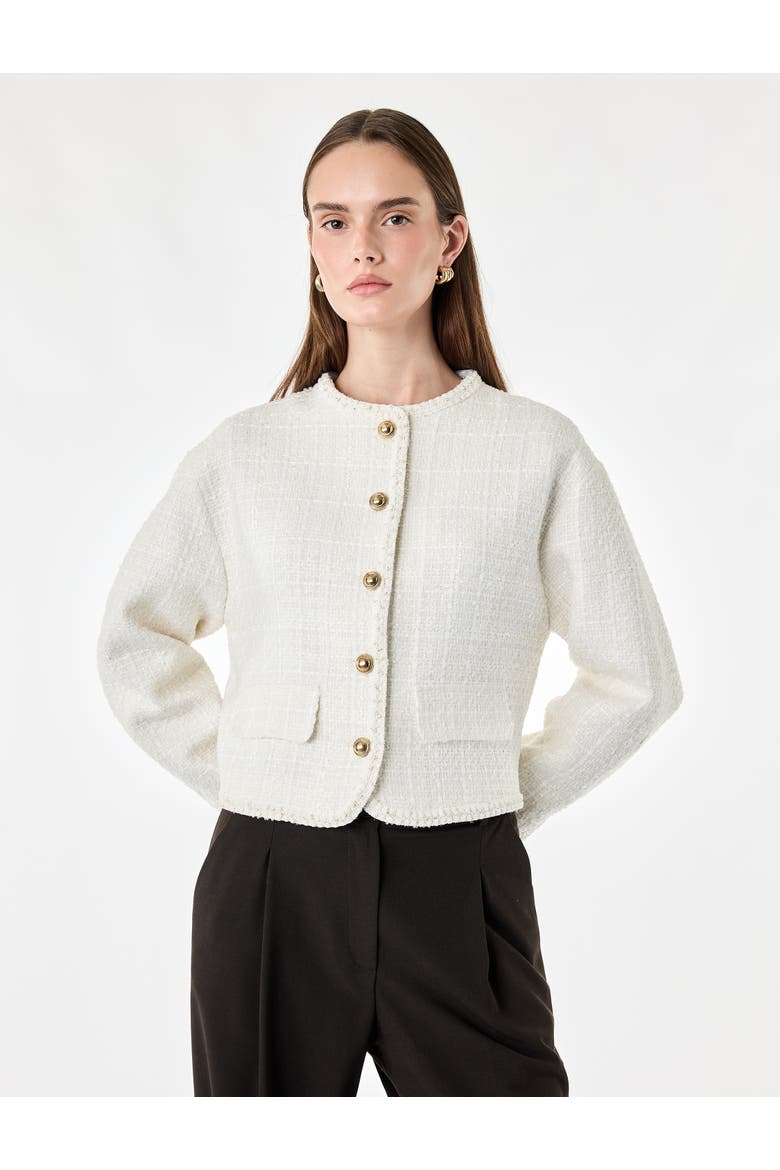 Crew Neck Long Sleeve Tweed Jacket With Jeweled Buttons, Alternate, color, ECRU