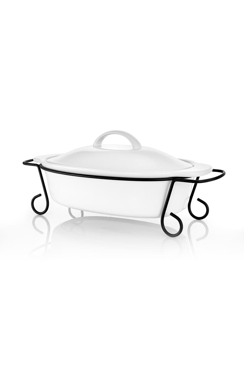 Gracious Dining 2 Piece Oval Stoneware Bakeware with Lid and Metal Rack, Main, color, White