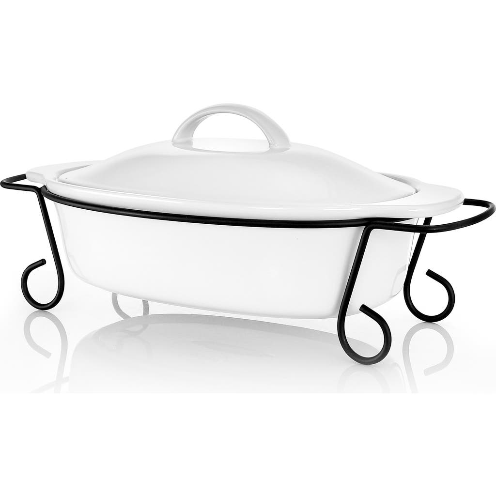 Gibson Home Gracious Dining 2 Piece Oval Stoneware Bakeware With Lid And Metal Rack In White