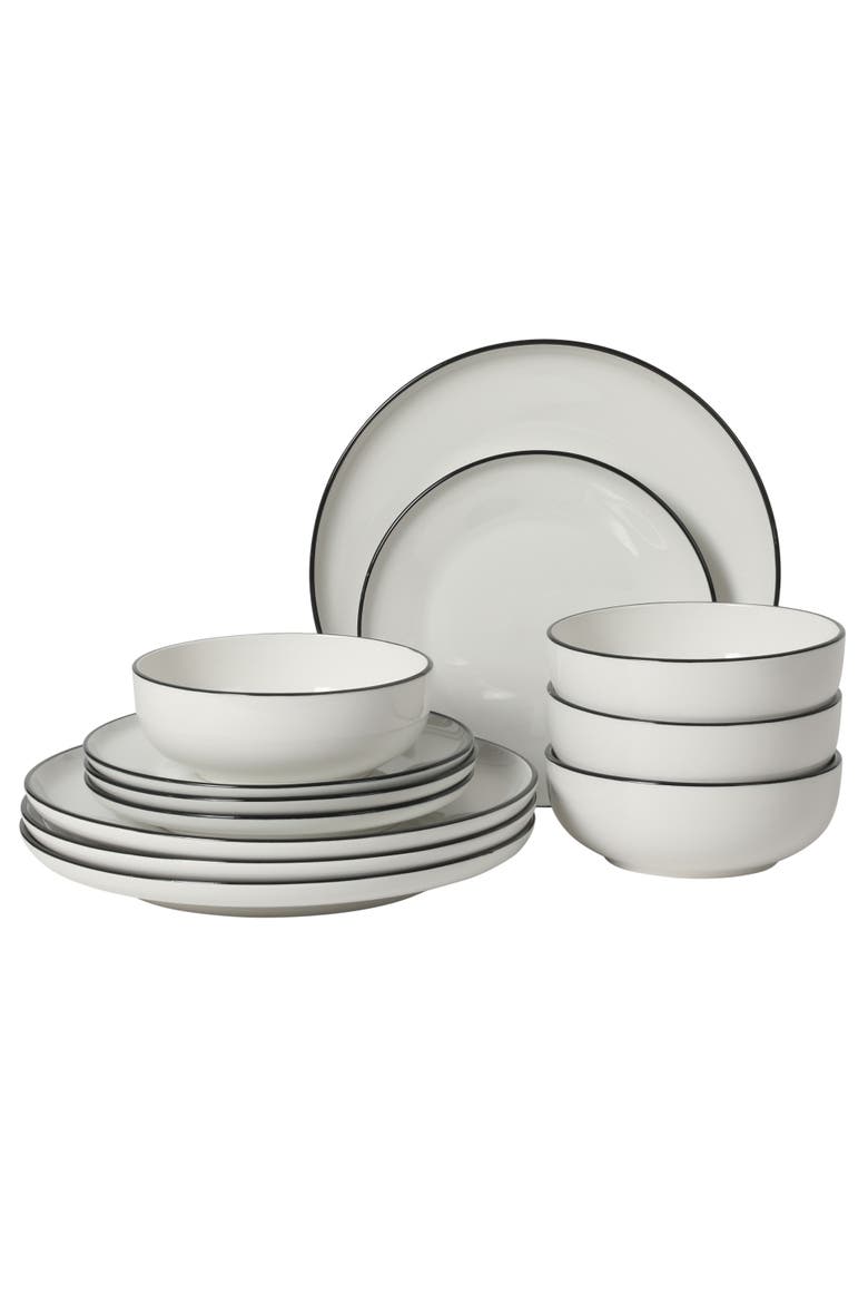 Havenstone Classic 12-Piece Porcelain Dinnerware Set, Main, color, White with Black Rim