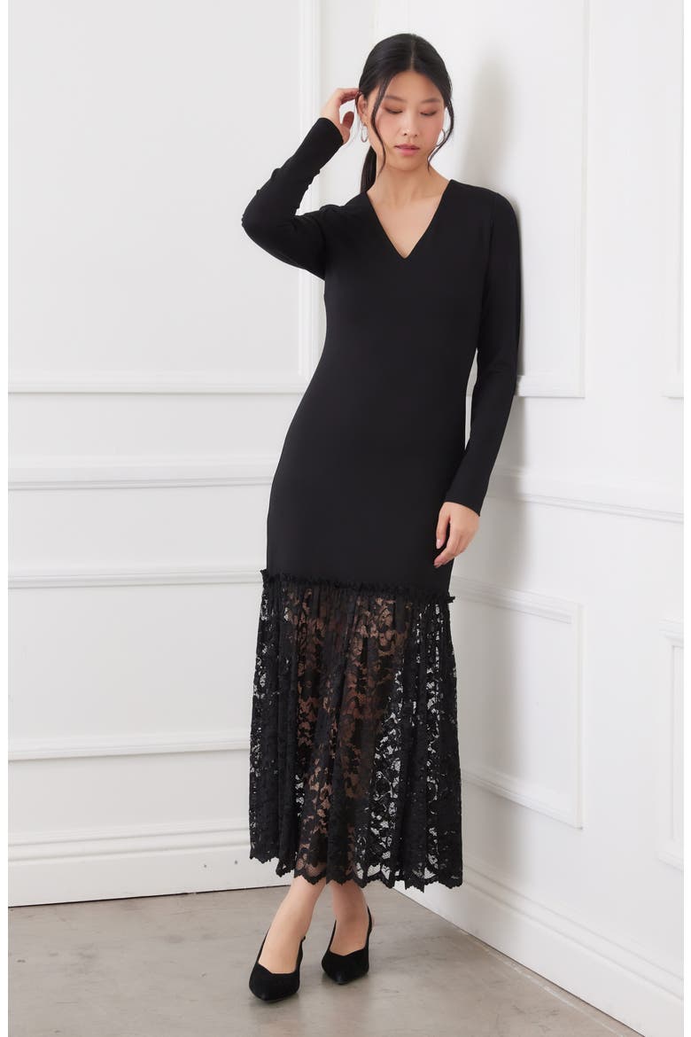 Lace Contrast Long Sleeve Maxi Dress, Alternate, color, BLACK