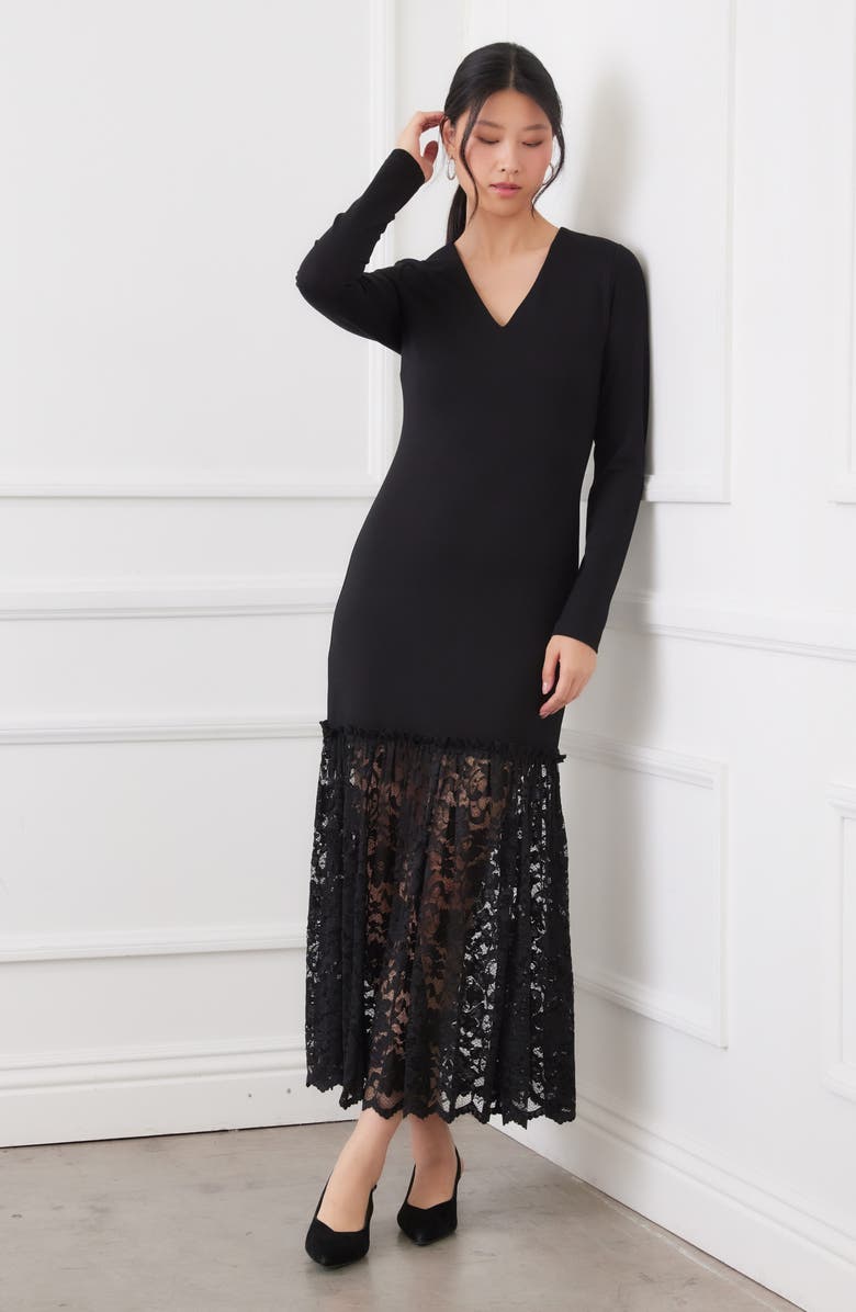 Karen Kane Lace Contrast Long Sleeve Maxi Dress, Alternate, color, Black