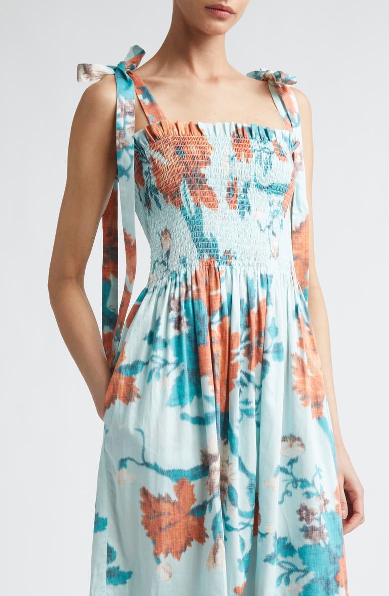 Erdem Floral Tiered Cotton Midi Sundress, Alternate, color, Trailing Poppy Dream Blue