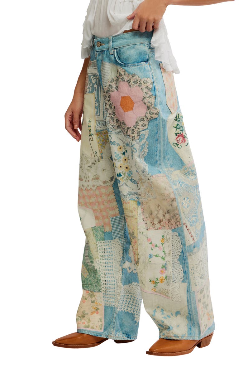 Free People Illusions Patchwork Barrel Leg Jeans, Alternate, color, Sky Combo