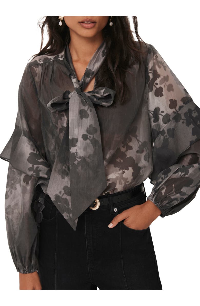 MINT VELVET Floral Tie-Neck Sheer Blouse with Ruffle Sleeves, Alternate, color, Black